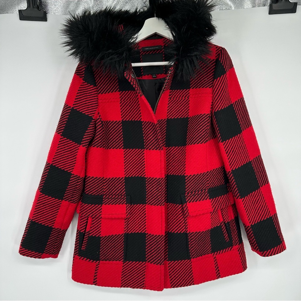 Talbots Faux Fur Trim Wool Blend in Buffalo Check Coat Sz 2 - Picture 2 of 7